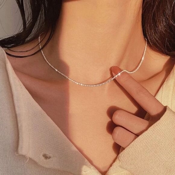 Silver Single Strand Choker Twist Chain Necklace - Picture 1 of 14